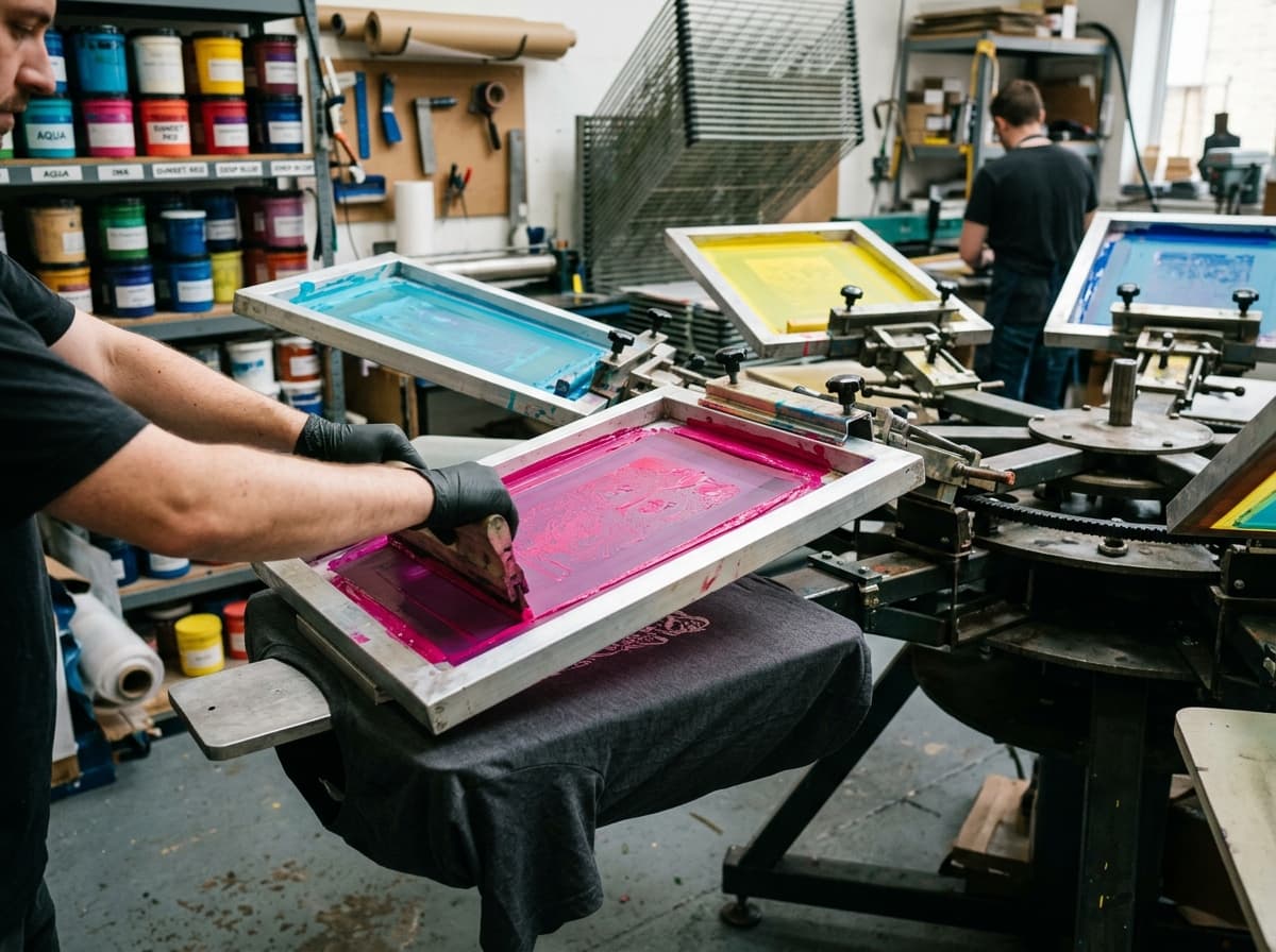 Operator aplicând cerneală cu racletă pe site de serigrafie